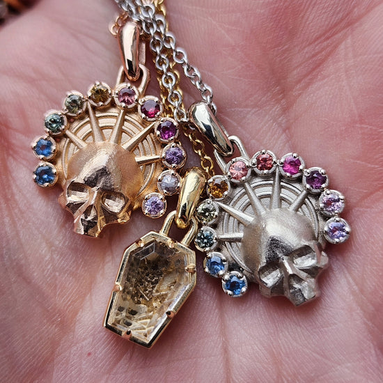 Ready to Ship - Rainbow Aura Angel Pendants and Coffin Skeleton Charm Catacomb Memento Mori 14k Gold Skull Necklace