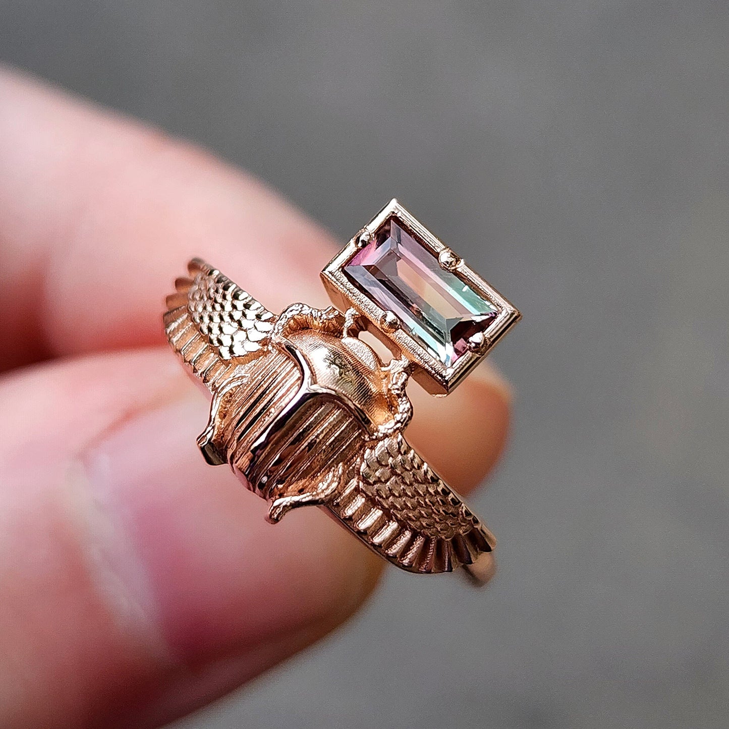Bi-Color Tourmaline Winged Scarab Ring, Pink & Mint Green Baguette Egyptian Revival 14k Rose Gold Ready to Ship Size 4-6