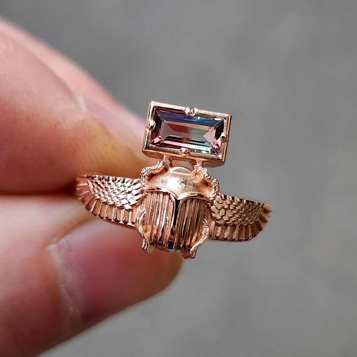 Bi-Color Tourmaline Winged Scarab Ring, Pink & Mint Green Baguette Egyptian Revival 14k Rose Gold Ready to Ship Size 4-6