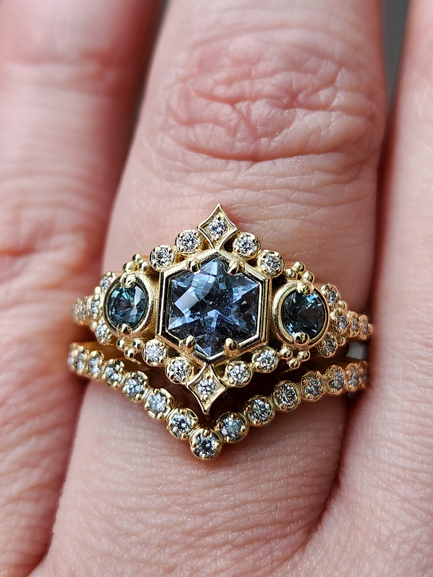 Victorian Wedding Ring set with blue montana sapphires