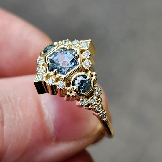 Victorian Engagement Ring with Baby Blue Hexagon Montana Sapphire and Diamonds 14k Yellow Gold Ready to Ship Size 6-8