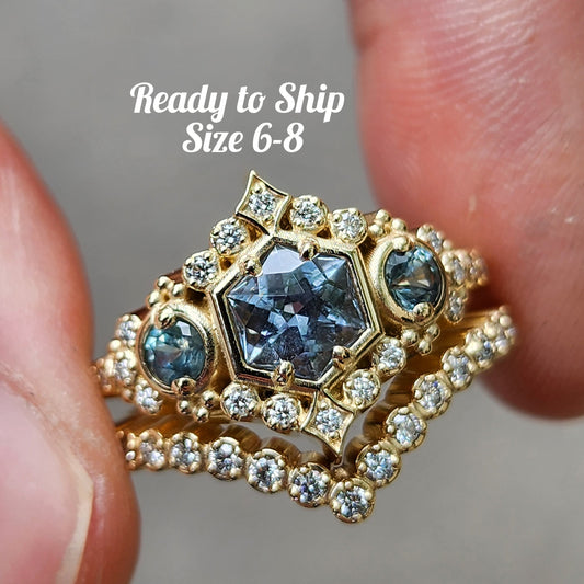 engagement ring set art deco hexagon blue montana sapphire swankmetalsmithing