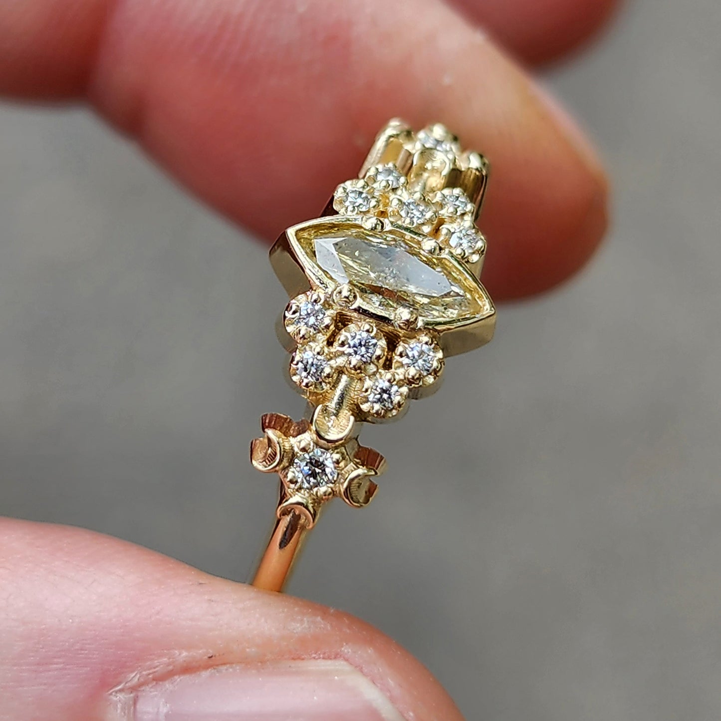 Yellow Marquise Diamond Tiny Crescent Moon Engagement Ring 14k Yellow Gold Size 9-11