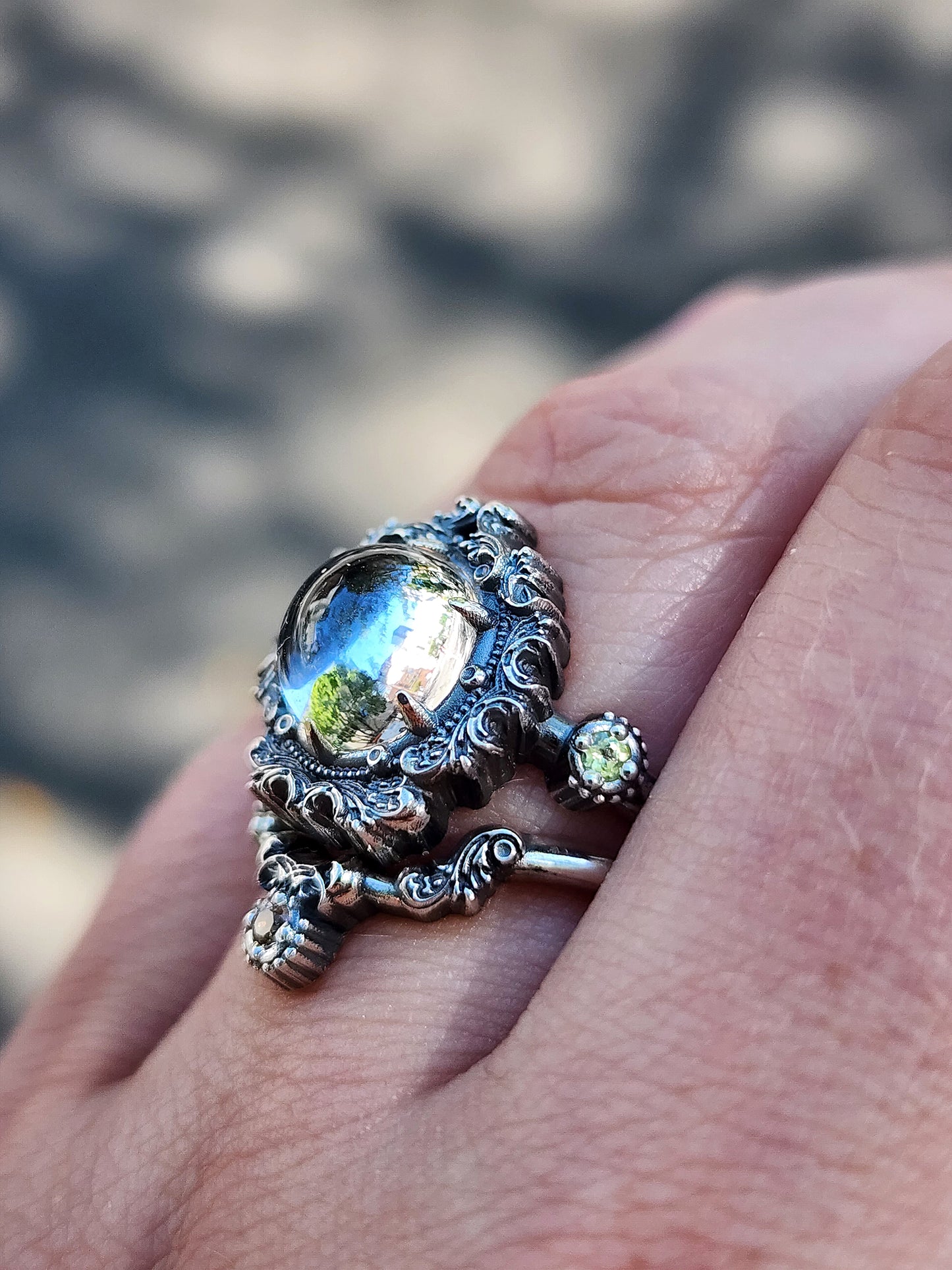Butterfly Shadow Box Ring with Peridot and Yellow Sapphire Baroque Scroll Side Band - Sterling Silver - Ready to Ship Size 6 - 8