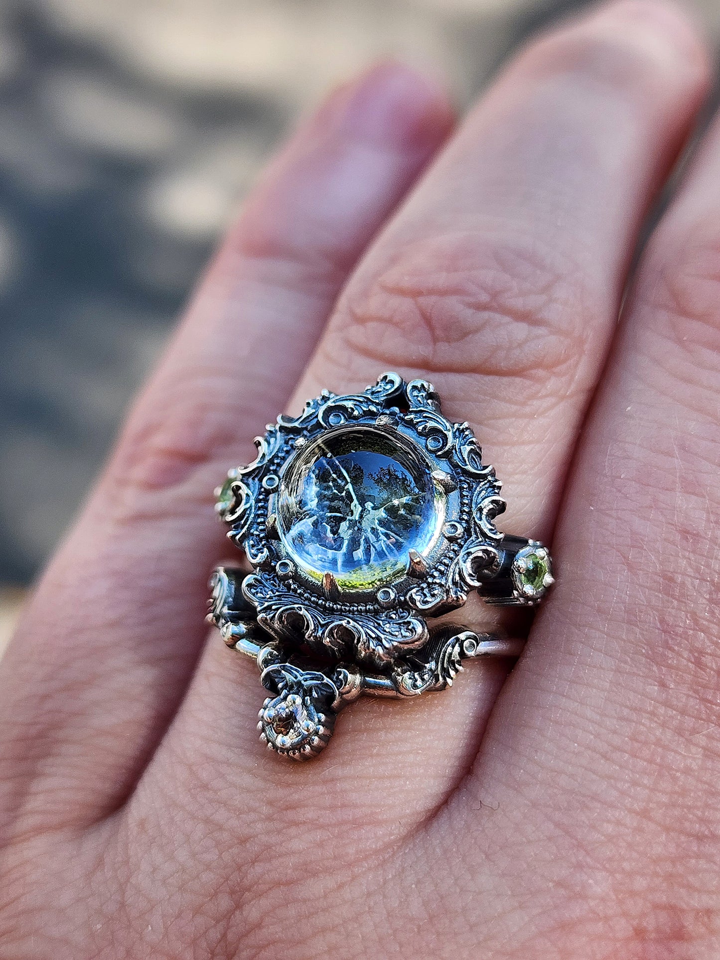 Butterfly Shadow Box Ring with Peridot and Yellow Sapphire Baroque Scroll Side Band - Sterling Silver - Ready to Ship Size 6 - 8