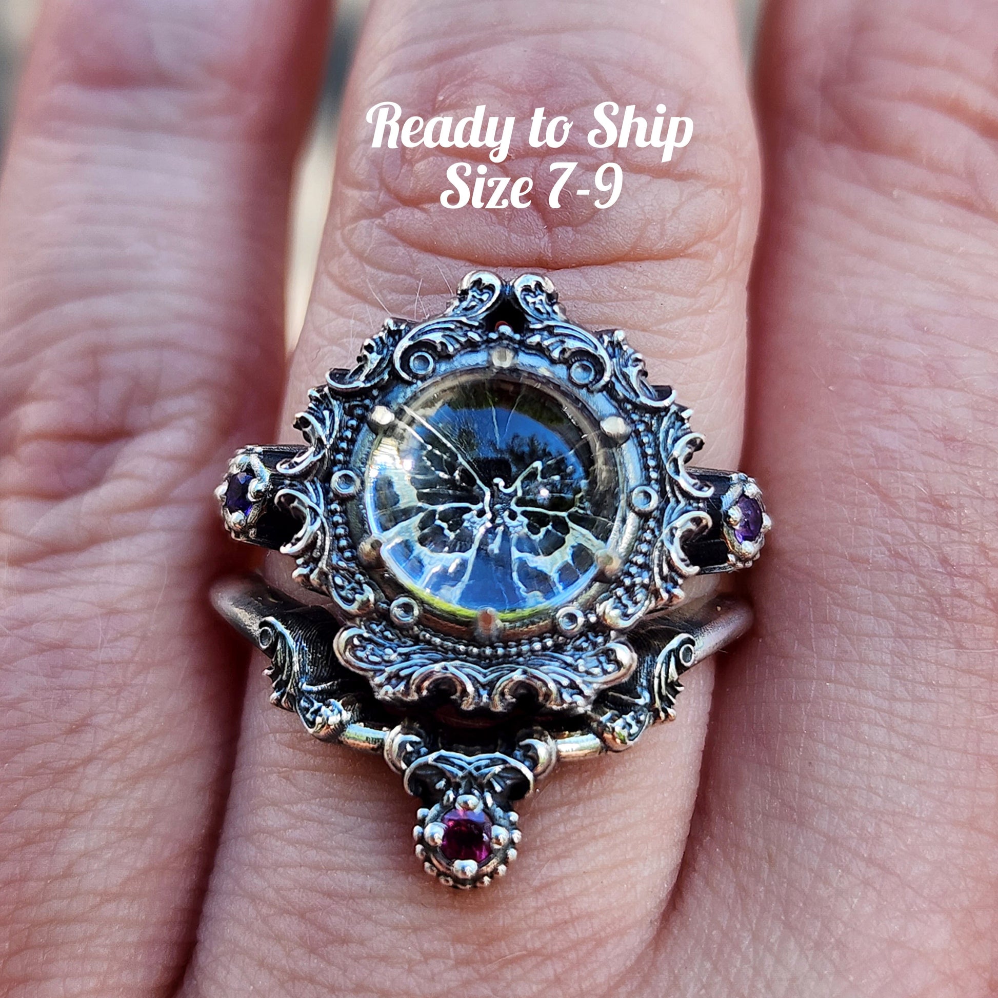 Victorian Shadow Box Quartz Butterfly ring with Amethyst Gothic Fine Jewelry 