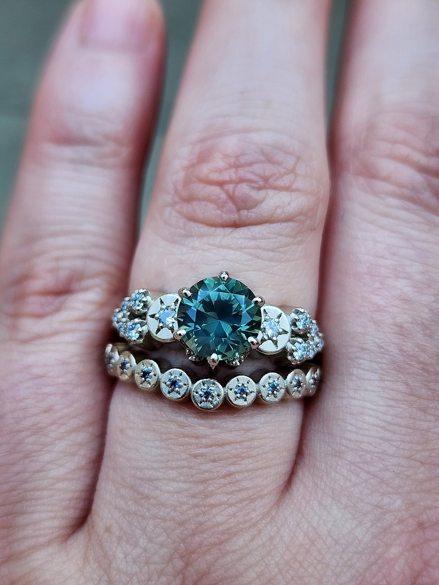 Silky Green Sapphire Cassiopeia Engagement Ring 1.65 Carats with Diamond Constellations and Sun Disk Wedding Band with Alexandrite Ready to Ship Size 6-8 14k Palladium White Gold