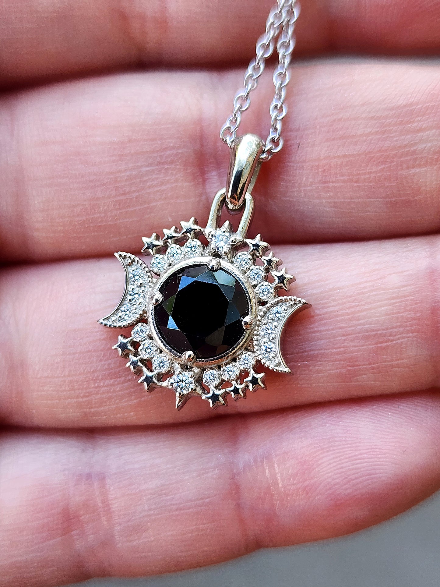 Load image into Gallery viewer, Gothic Black Spinel Pendant Serena Moon &amp;amp; Star Diamond Halo Necklace - 14k Gold, Delicate Witchy Celestial Necklace Goth Halloween
