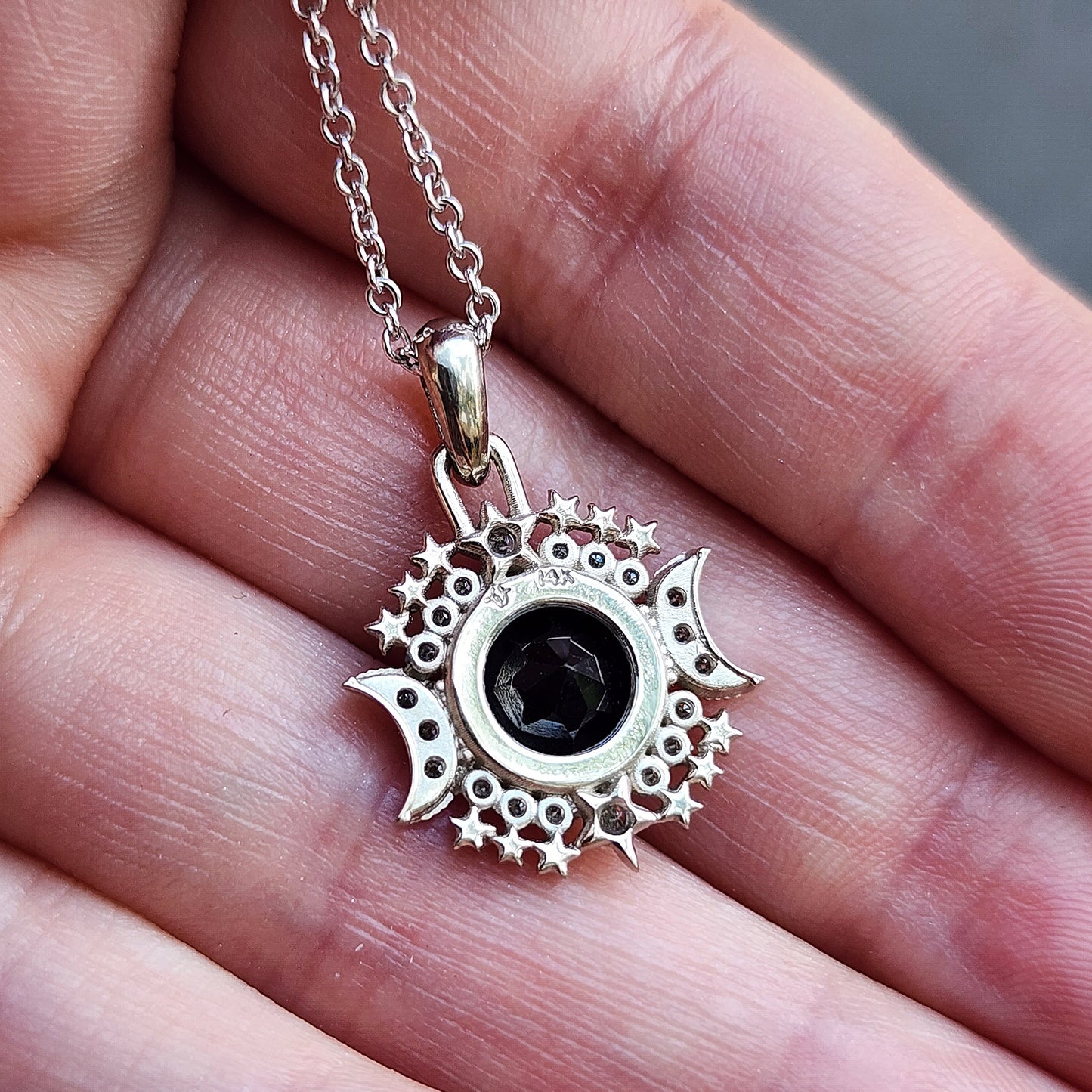 Load image into Gallery viewer, Gothic Black Spinel Pendant Serena Moon &amp;amp; Star Diamond Halo Necklace - 14k Gold, Delicate Witchy Celestial Necklace Goth Halloween
