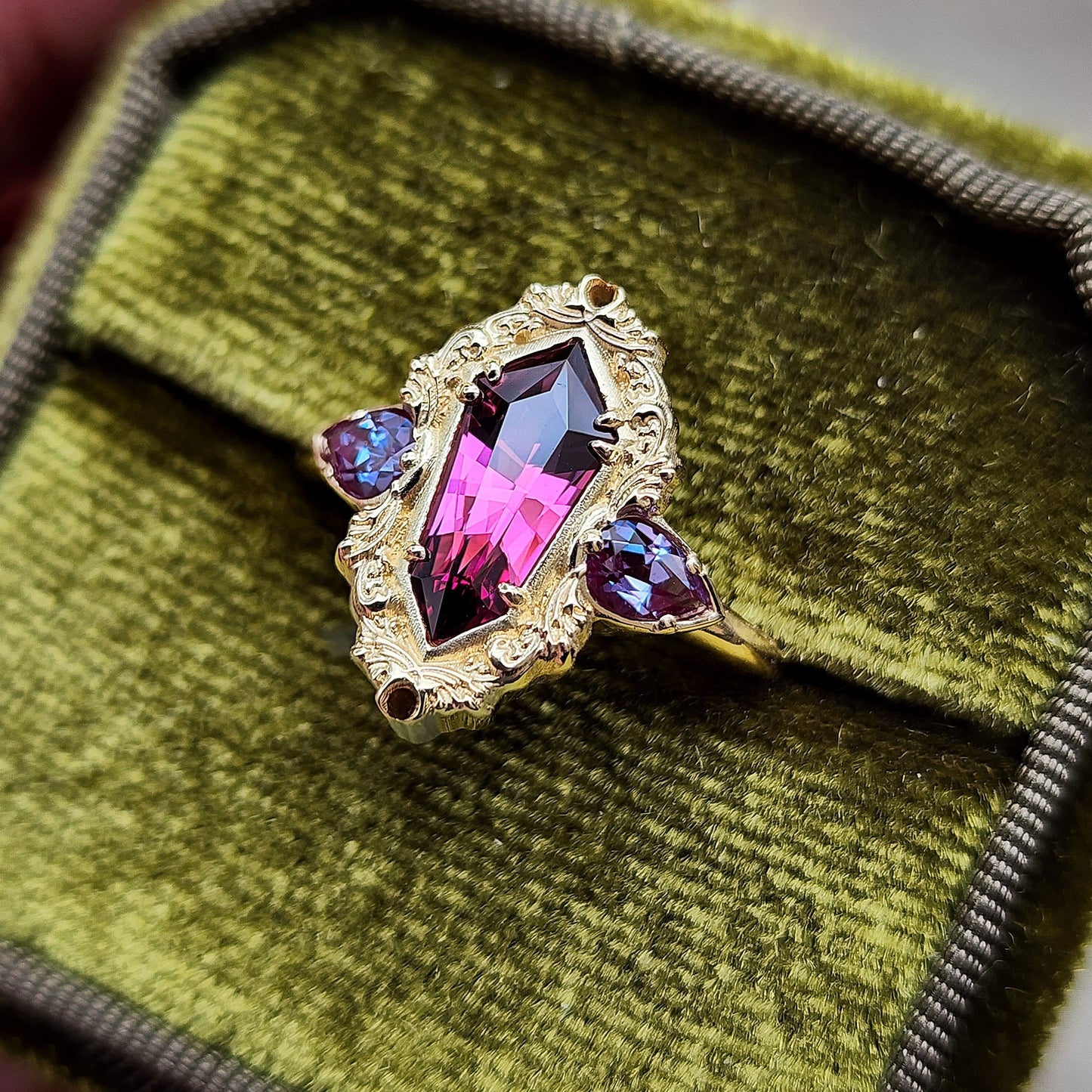 Looking Glass Ring - Fancy Color Change Tanzanian Garnet & Chatham Alexandrite Pear Gold Scroll Ring Size 6-8 14k Yellow Gold