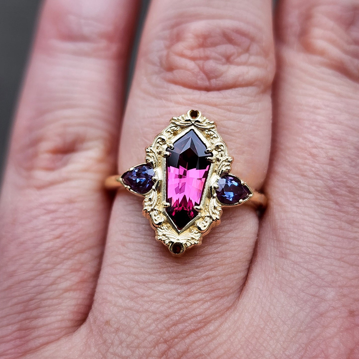 Looking Glass Ring - Fancy Color Change Tanzanian Garnet & Chatham Alexandrite Pear Gold Scroll Ring Size 6-8 14k Yellow Gold