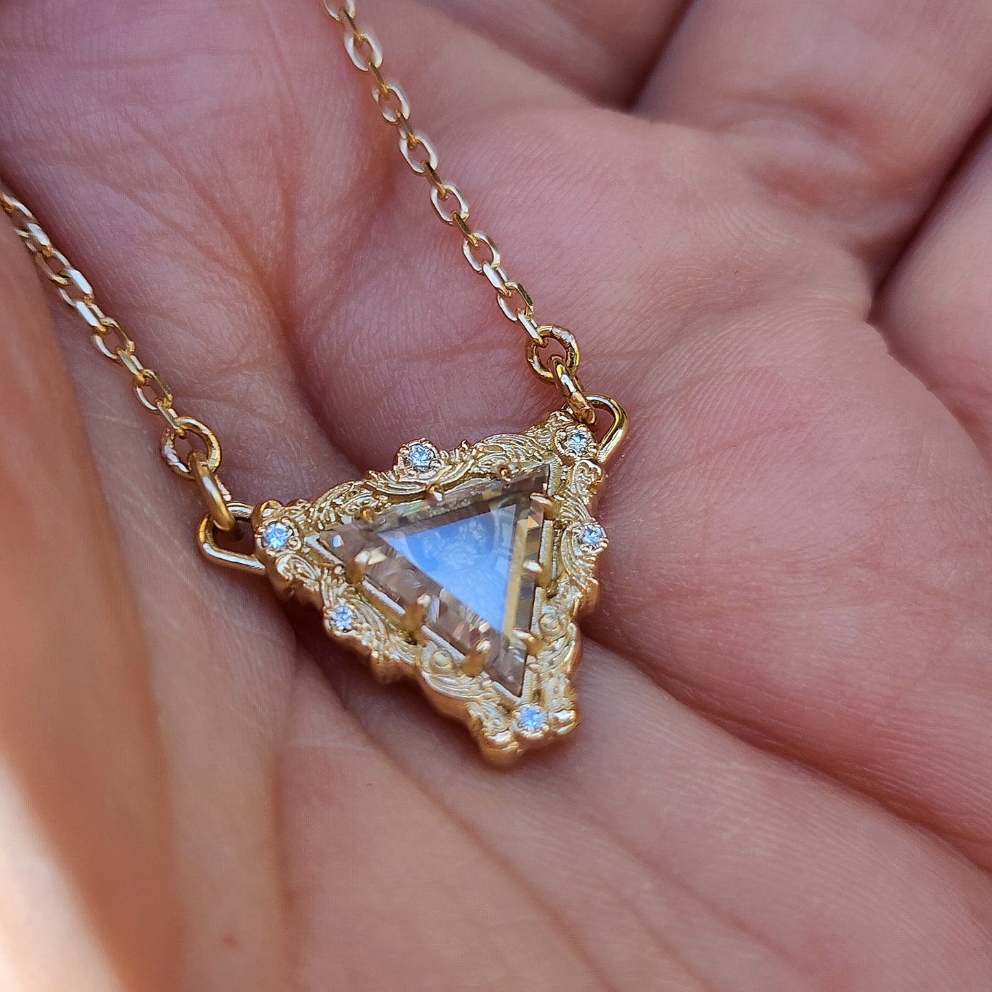 Vampire Bat Pendant with Triangle Moissanite Window Pane and Baroque Gold Frame on Star Chain 14k Yellow Gold