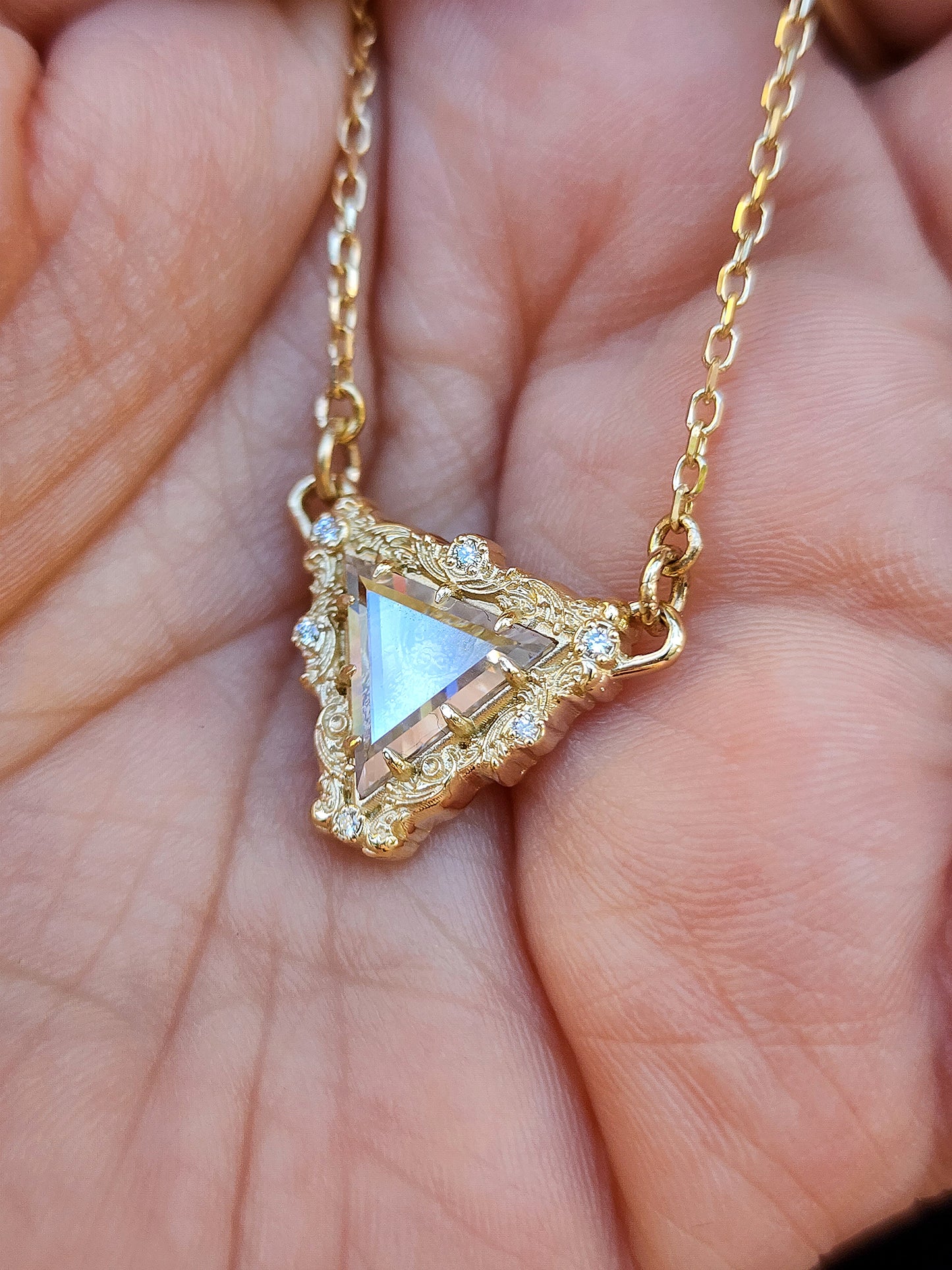 Load image into Gallery viewer, Vampire Bat Pendant with Triangle Moissanite Window Pane and Baroque Gold Frame on Star Chain 14k Yellow Gold
