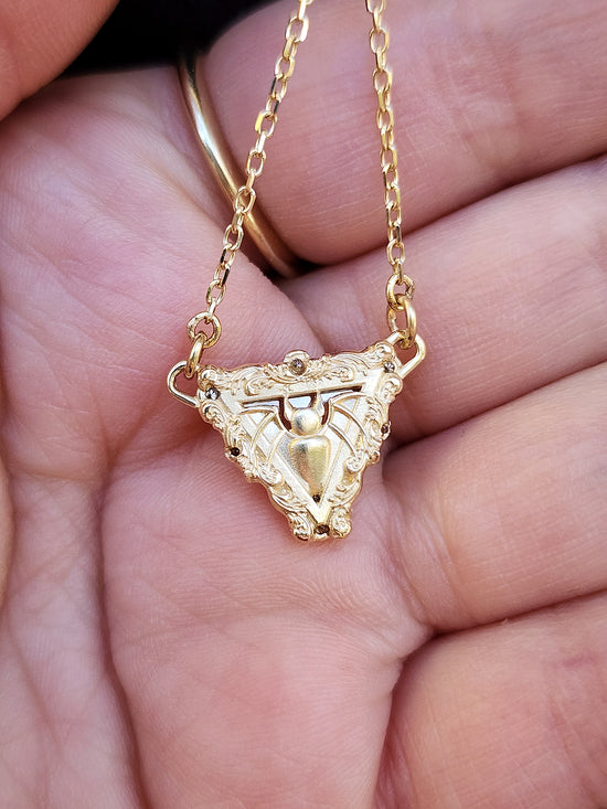 Load image into Gallery viewer, Vampire Bat Pendant with Triangle Moissanite Window Pane and Baroque Gold Frame on Star Chain 14k Yellow Gold
