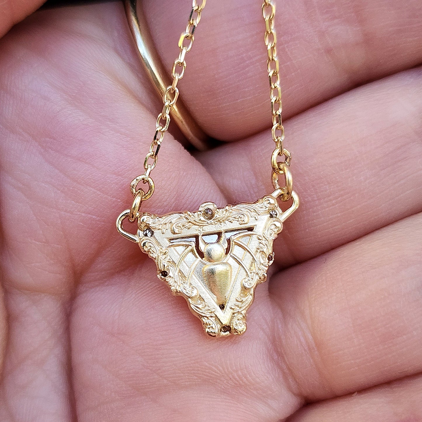 Vampire Bat Pendant with Triangle Moissanite Window Pane and Baroque Gold Frame on Star Chain 14k Yellow Gold - Ready to Ship