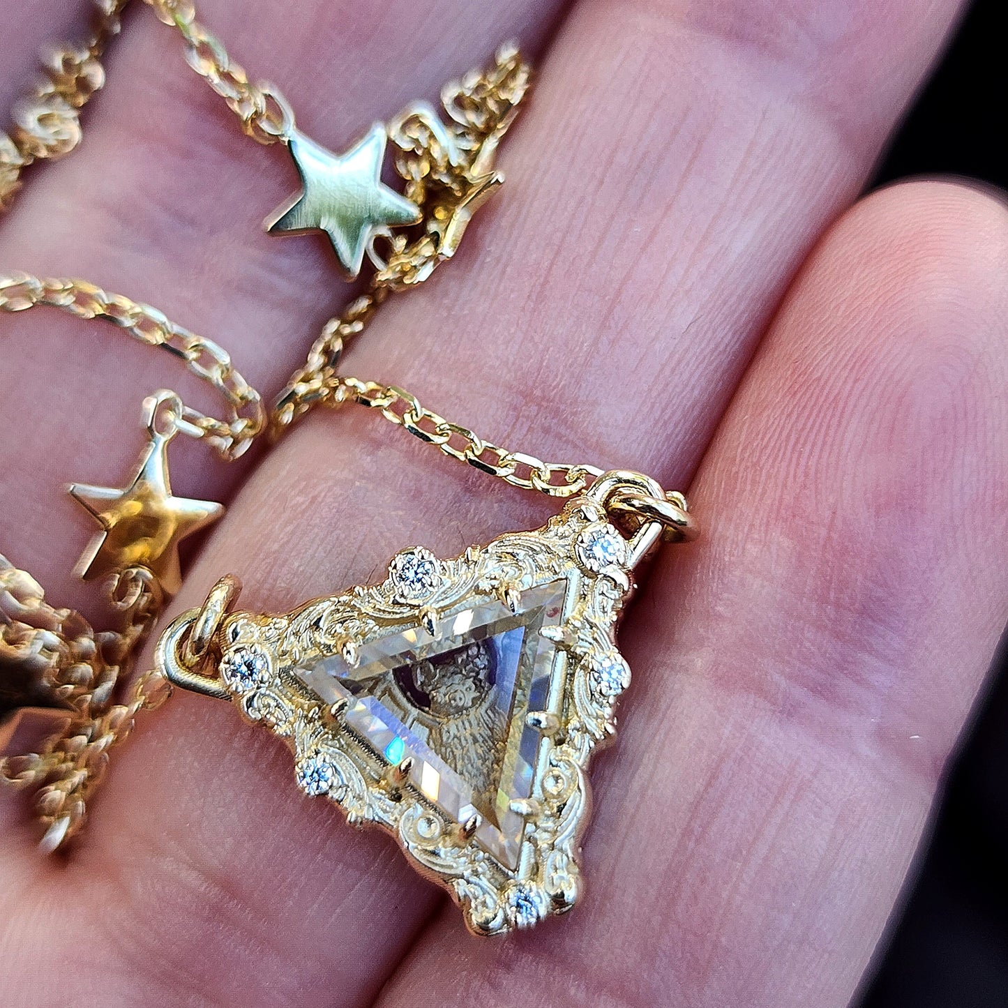 Load image into Gallery viewer, Vampire Bat Pendant with Triangle Moissanite Window Pane and Baroque Gold Frame on Star Chain 14k Yellow Gold - Ready to Ship
