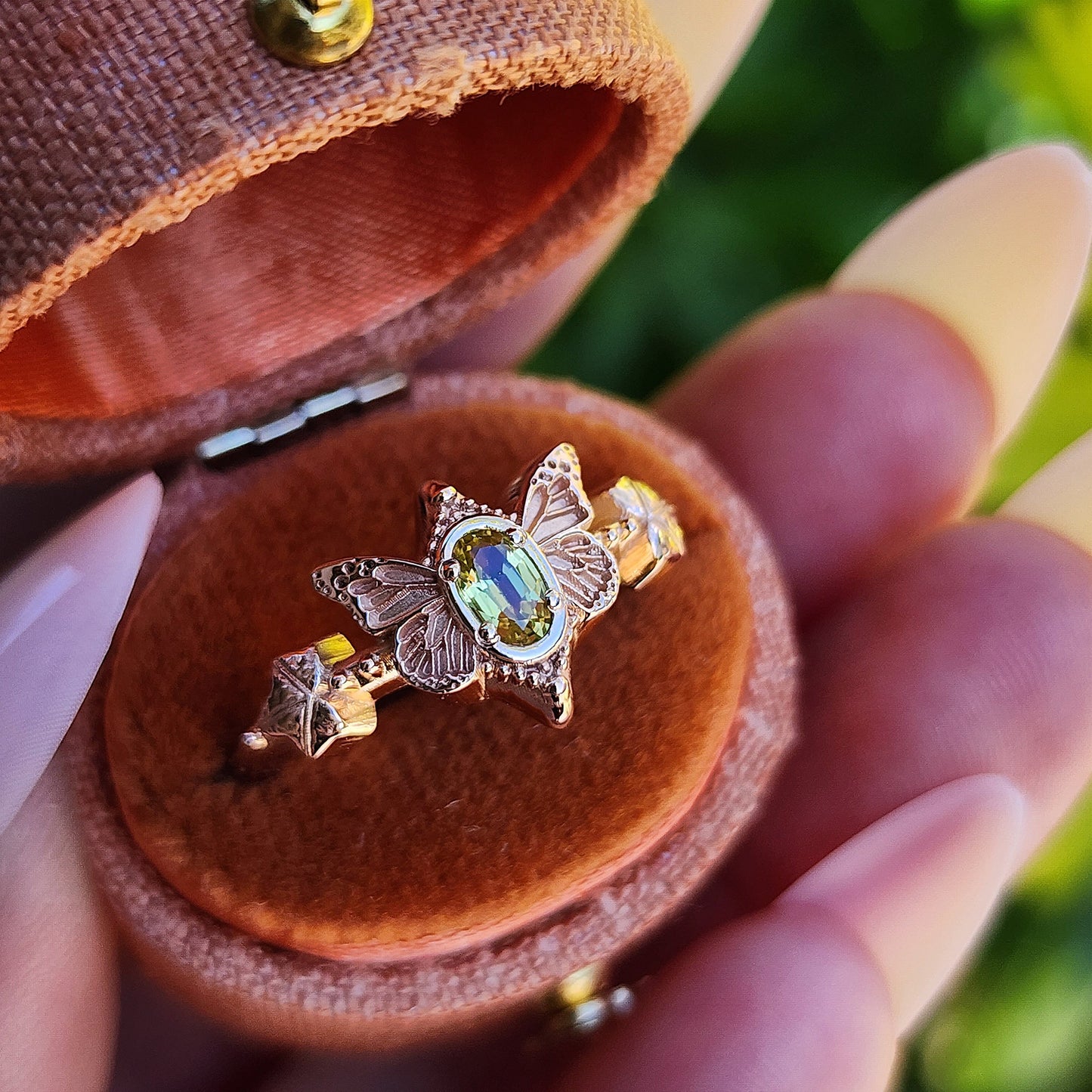 Butterfly Faerie Ring with Oval Sapphire Fairy Fantasy Engagement with Ivy Leaf - Pick your Gemstone Fairytale 14k Gold