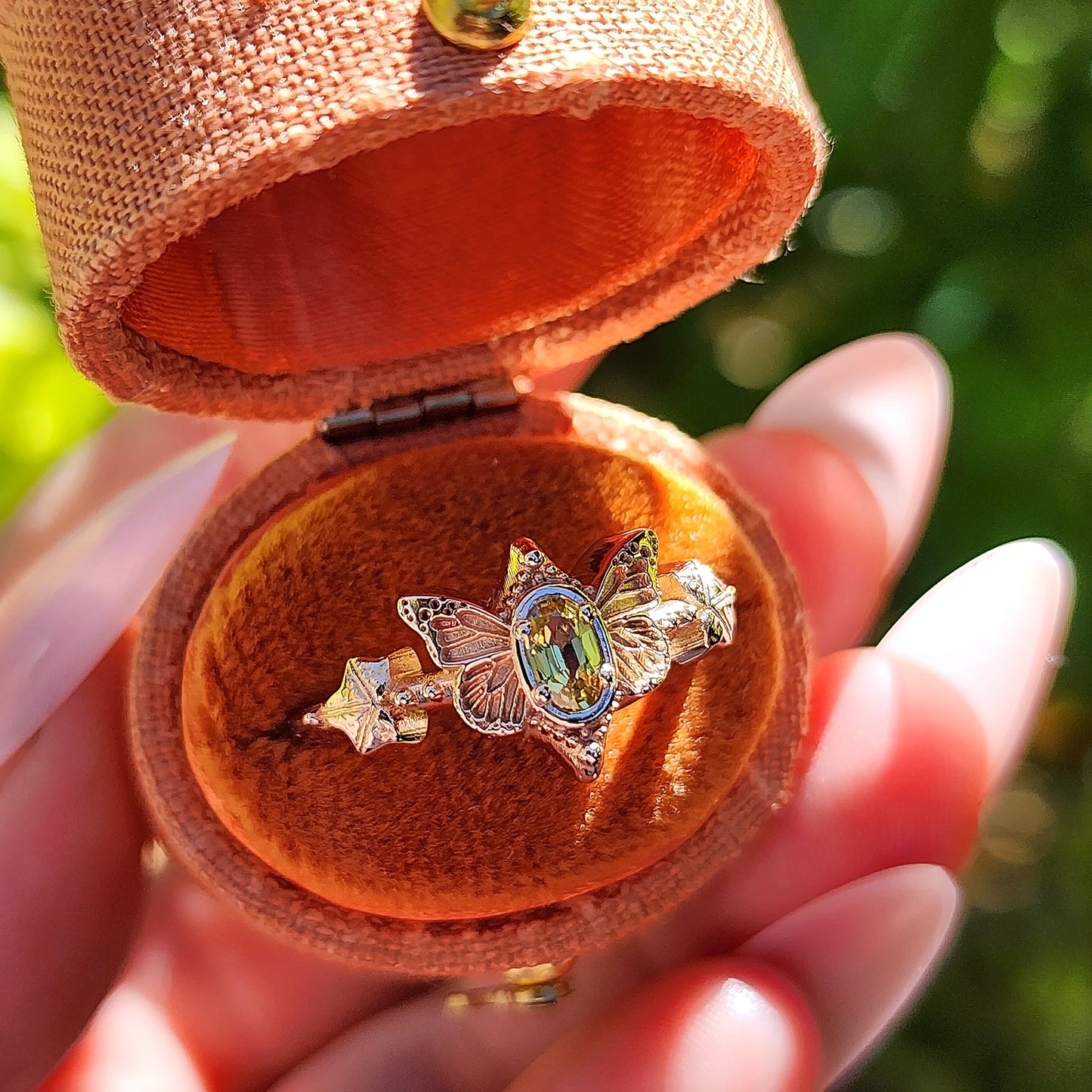 Butterfly Faerie Ring with Oval Sapphire Fairy Fantasy Engagement with Ivy Leaf - Pick your Gemstone Fairytale 14k Gold