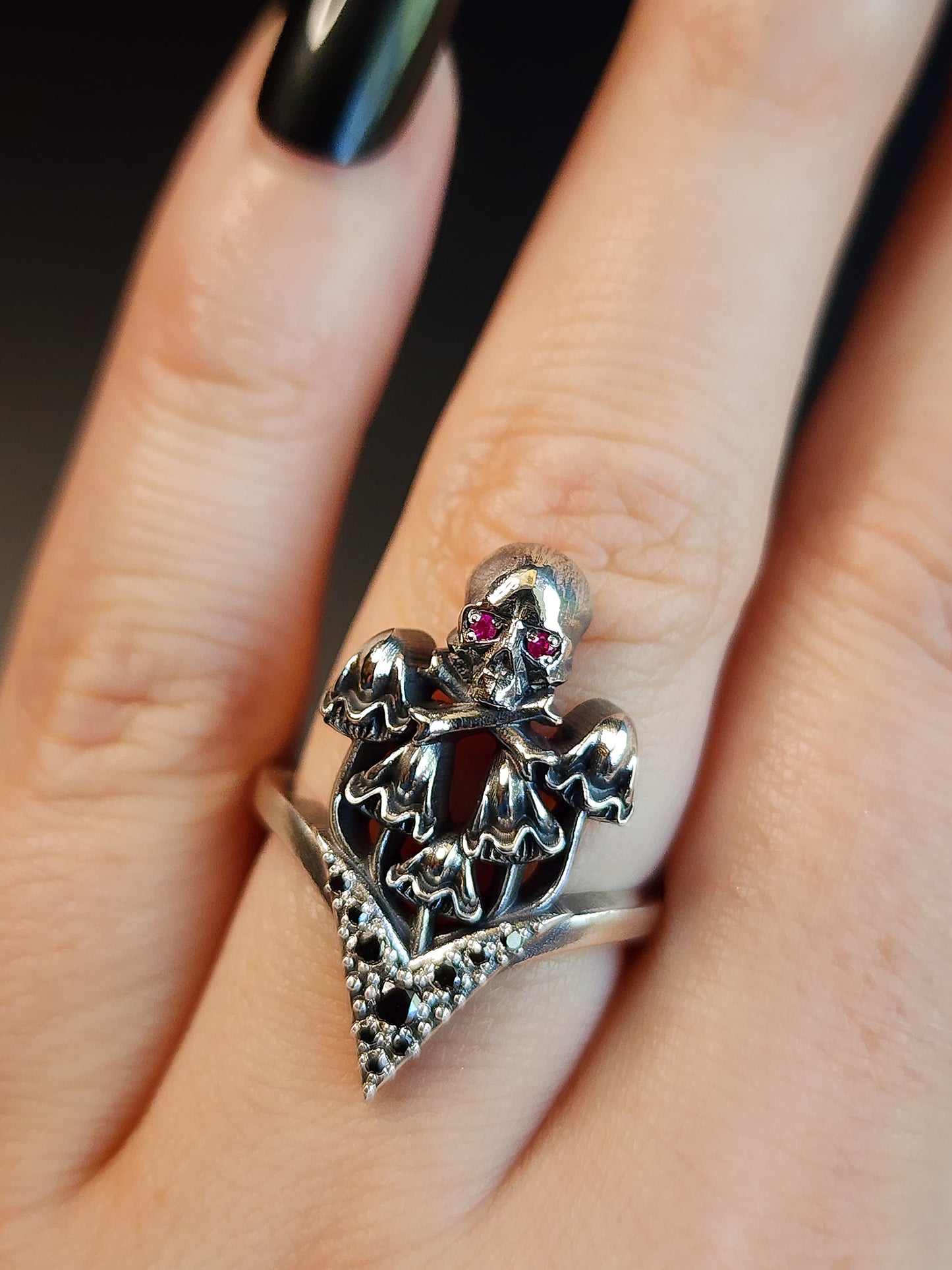 Poison Mushroom Ring with Ruby Skull and Bones and Black Diamonds Gothic Victorian Sterling Silver Jewelry  Memento Mori