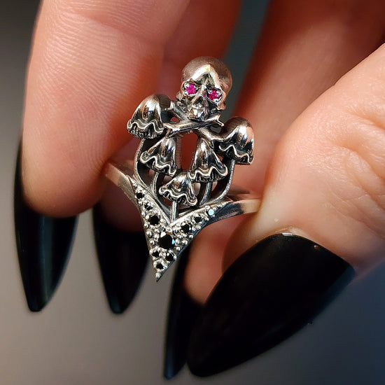 Load image into Gallery viewer, poison mushroom ring with skull crossbones ruby black diamond sterling silver by swankmetalsmithing

