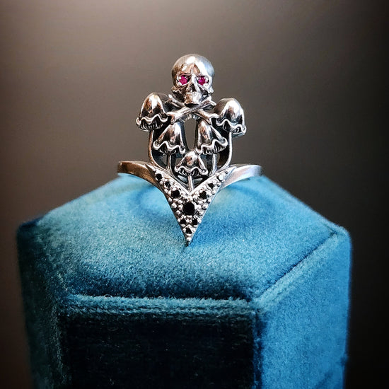 Load image into Gallery viewer, poison mushroom ring with skull crossbones ruby black diamond sterling silver by swankmetalsmithing
