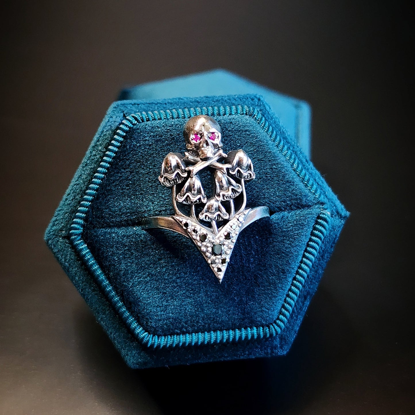 poison mushroom ring with skull crossbones ruby black diamond sterling silver by swankmetalsmithing