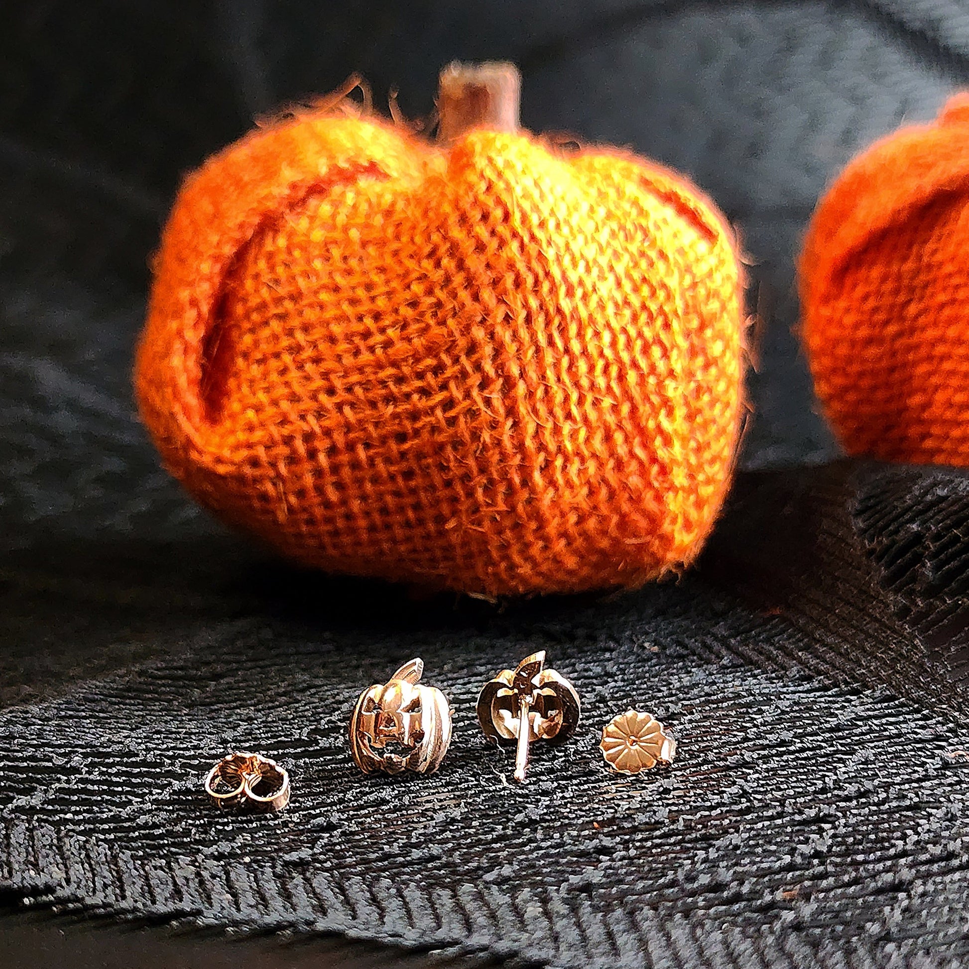 14k gold pumpkin jack o lantern post earrings halloween jewelry by swankmetalsmithing