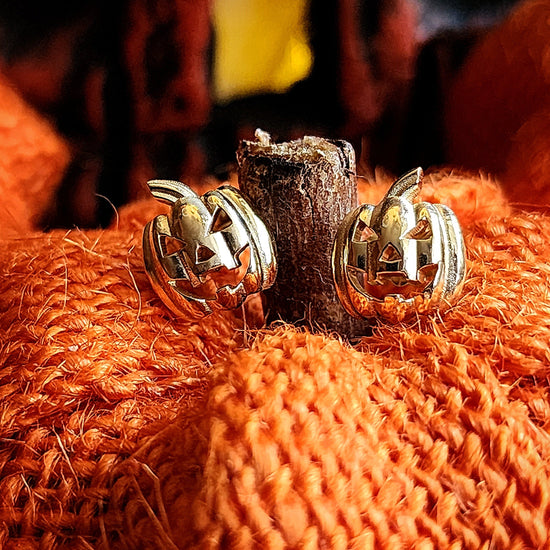 Load image into Gallery viewer, Ready to Ship Pumpkin Jack O Lantern Post Earrings - Everyday Spooky Staple Jewelry 14k Gold Halloween
