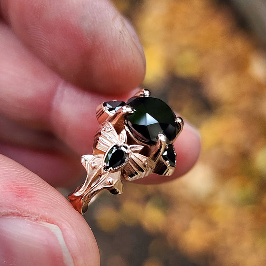 gothic luna  moth ring black diamond 14k rose gold by swankmetalsmithing