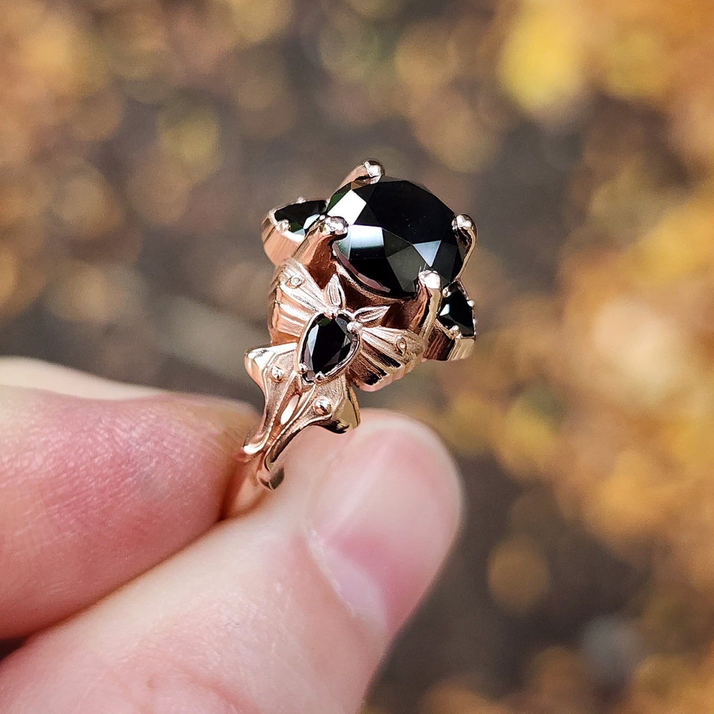 gothic luna  moth ring black diamond 14k rose gold by swankmetalsmithing