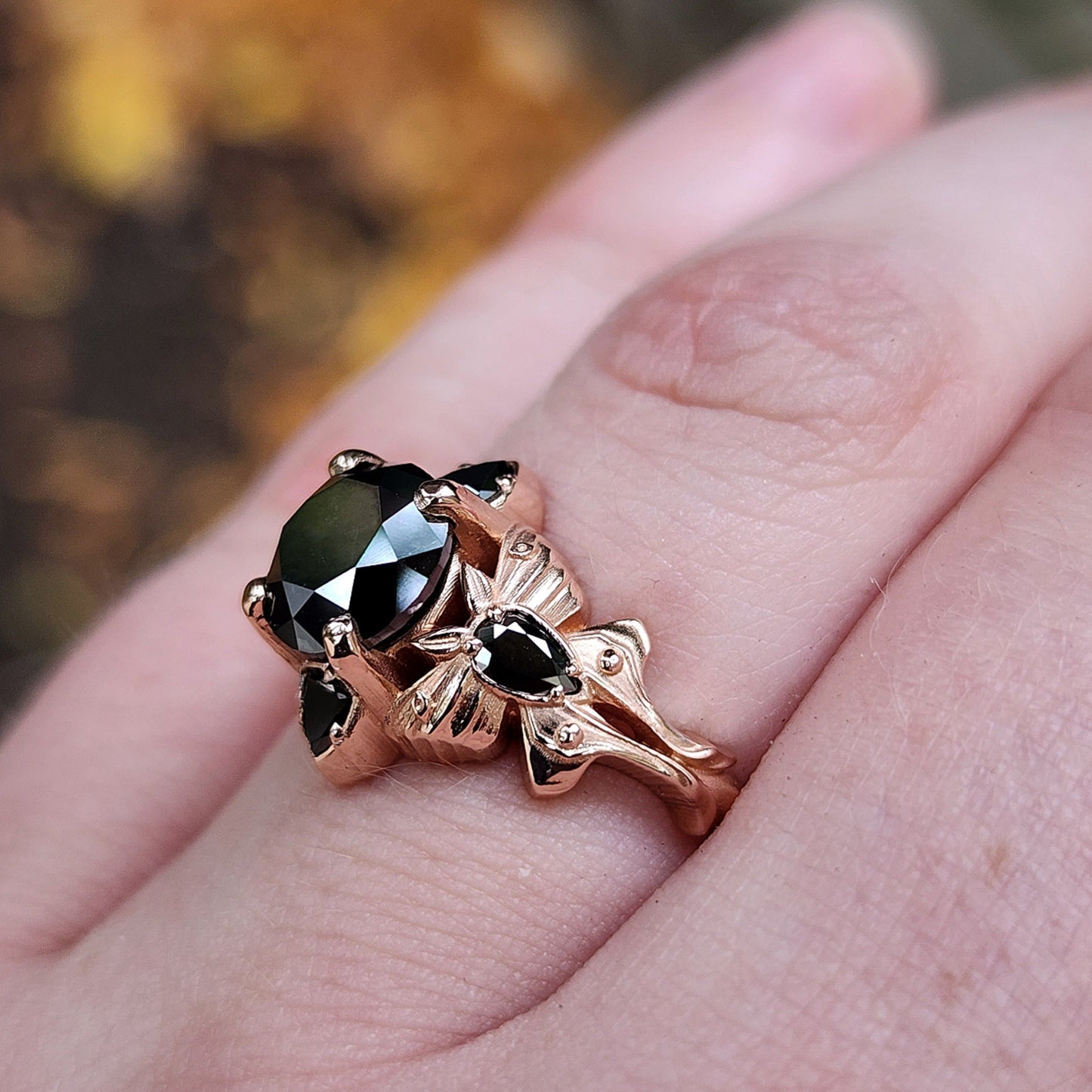 Luna Goth Moth Engagement Ring with Black Diamonds - Bug Wedding Ring Nature Inspired Fine Jewelry 14k Rose Gold Ready to Ship Size 6-8