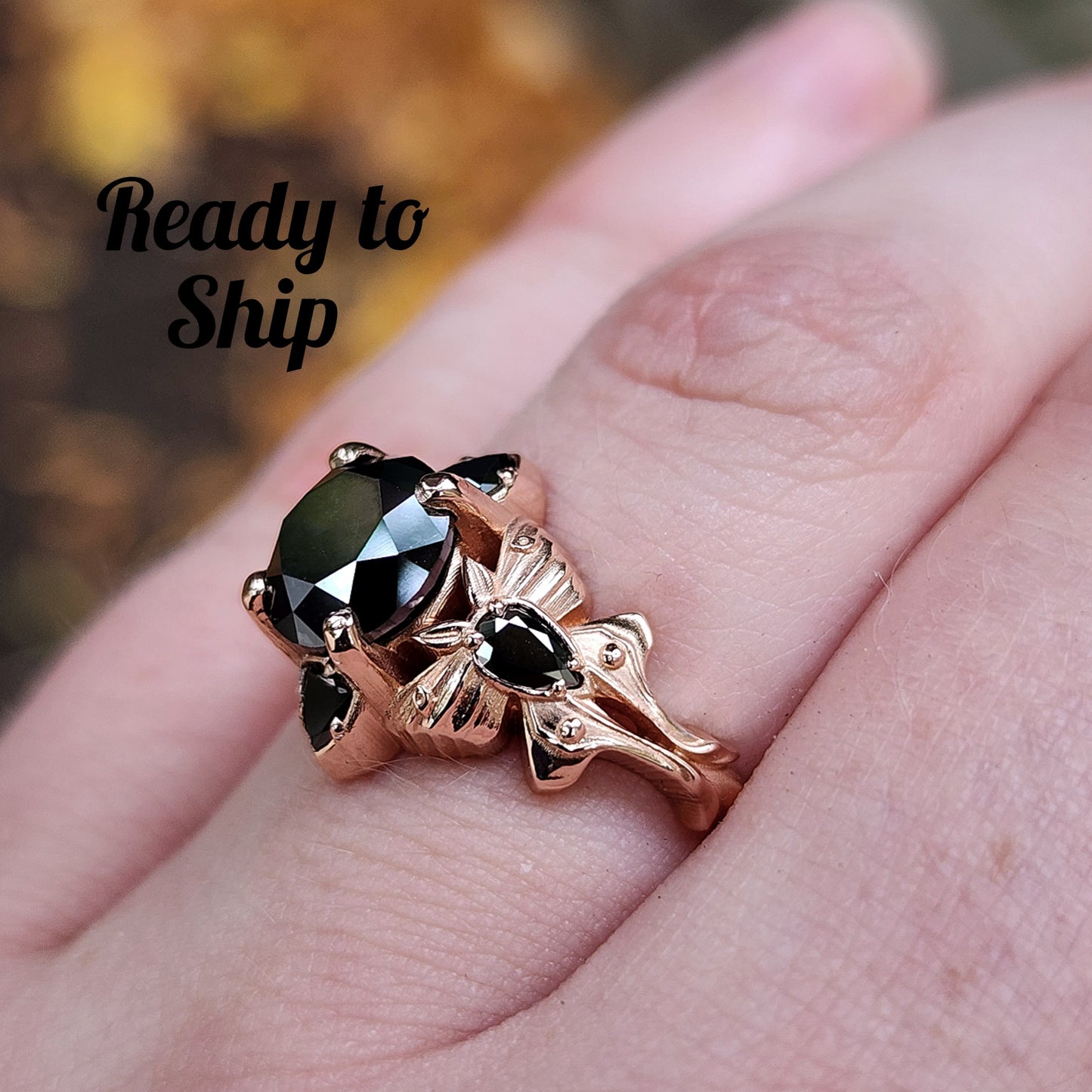 Luna Goth Moth Engagement Ring with Black Diamonds - Bug Wedding Ring Nature Inspired Fine Jewelry 14k Rose Gold Ready to Ship Size 6-8