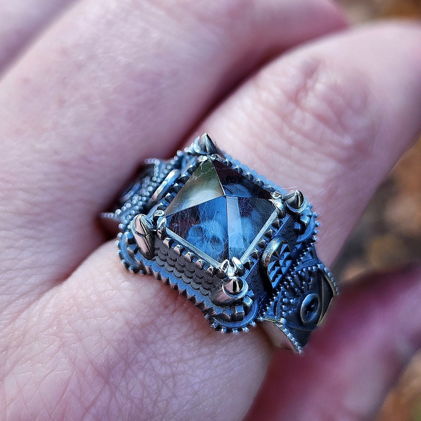 Ready to Ship Size 9-11 Mens Tower Ring with Skelton and Pyramid Quartz Large Sterling Silver Gothic Statement Ring
