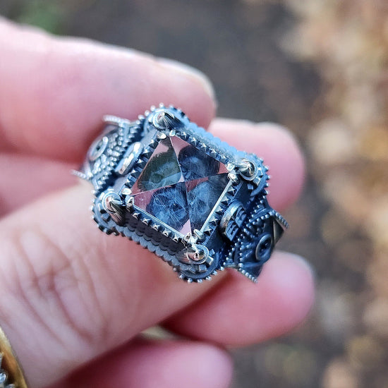 Load image into Gallery viewer, Ready to Ship Size 9-11 Mens Tower Ring with Skelton and Pyramid Quartz Large Sterling Silver Gothic Statement Ring
