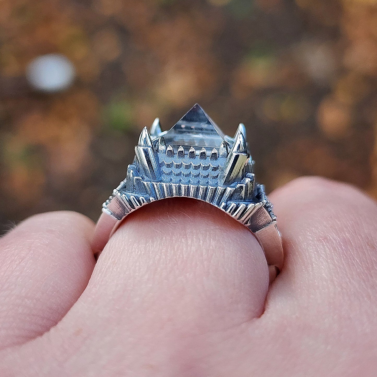 Haunted Tower Ring with Skull Pyramid Quartz Spooky Halloween Jewelry - Drawlloween Sterling Silver