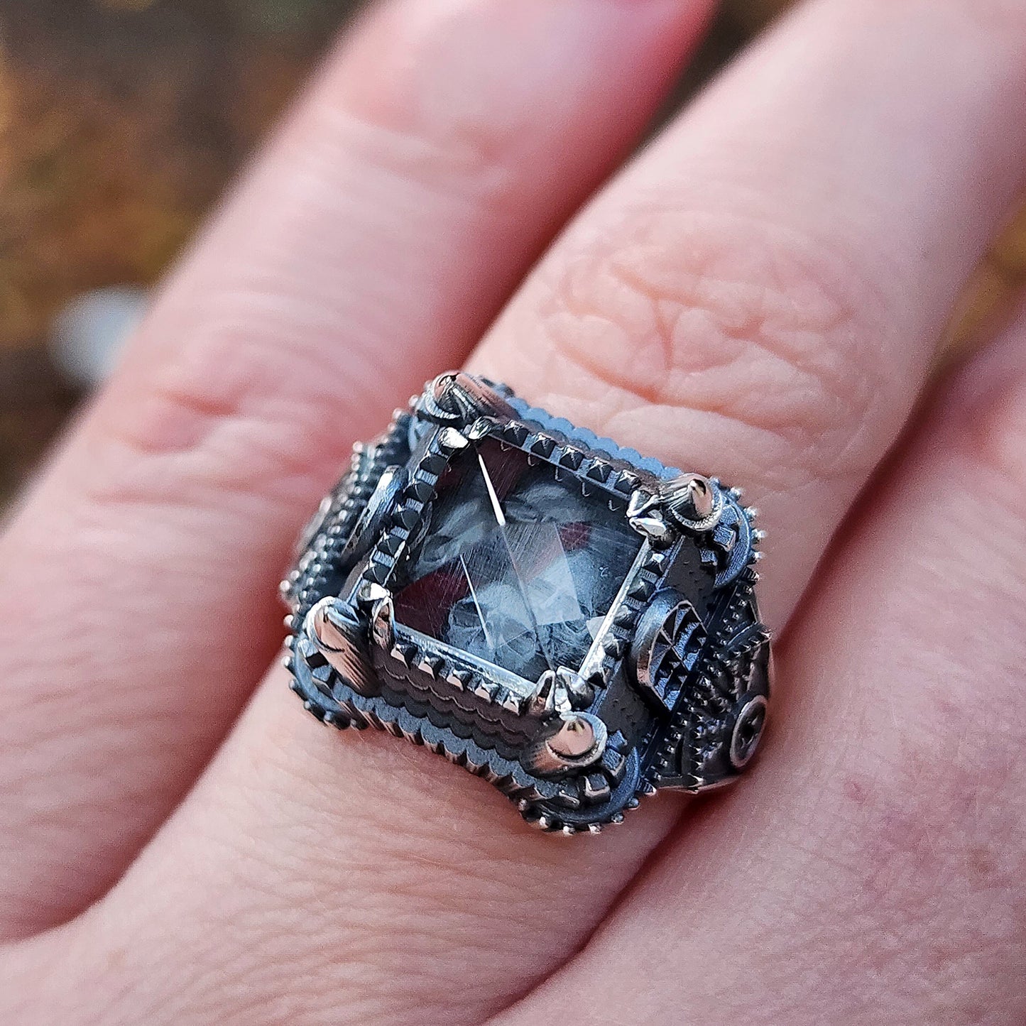 Haunted Tower Ring with Skull Pyramid Quartz Spooky Halloween Jewelry - Drawlloween Sterling Silver