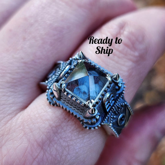 Load image into Gallery viewer, Ready to Ship Size 9-11 Mens Tower Ring with Skelton and Pyramid Quartz Large Sterling Silver Gothic Statement Ring
