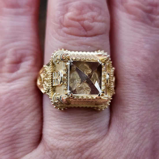 Load image into Gallery viewer, Ready to Ship Size 6-8 14k Gold Haunted Castle Tower Ring with Pyramid Quartz and Hidden Skull Gothic Cocktail Ring Spooky Halloween Jewelry
