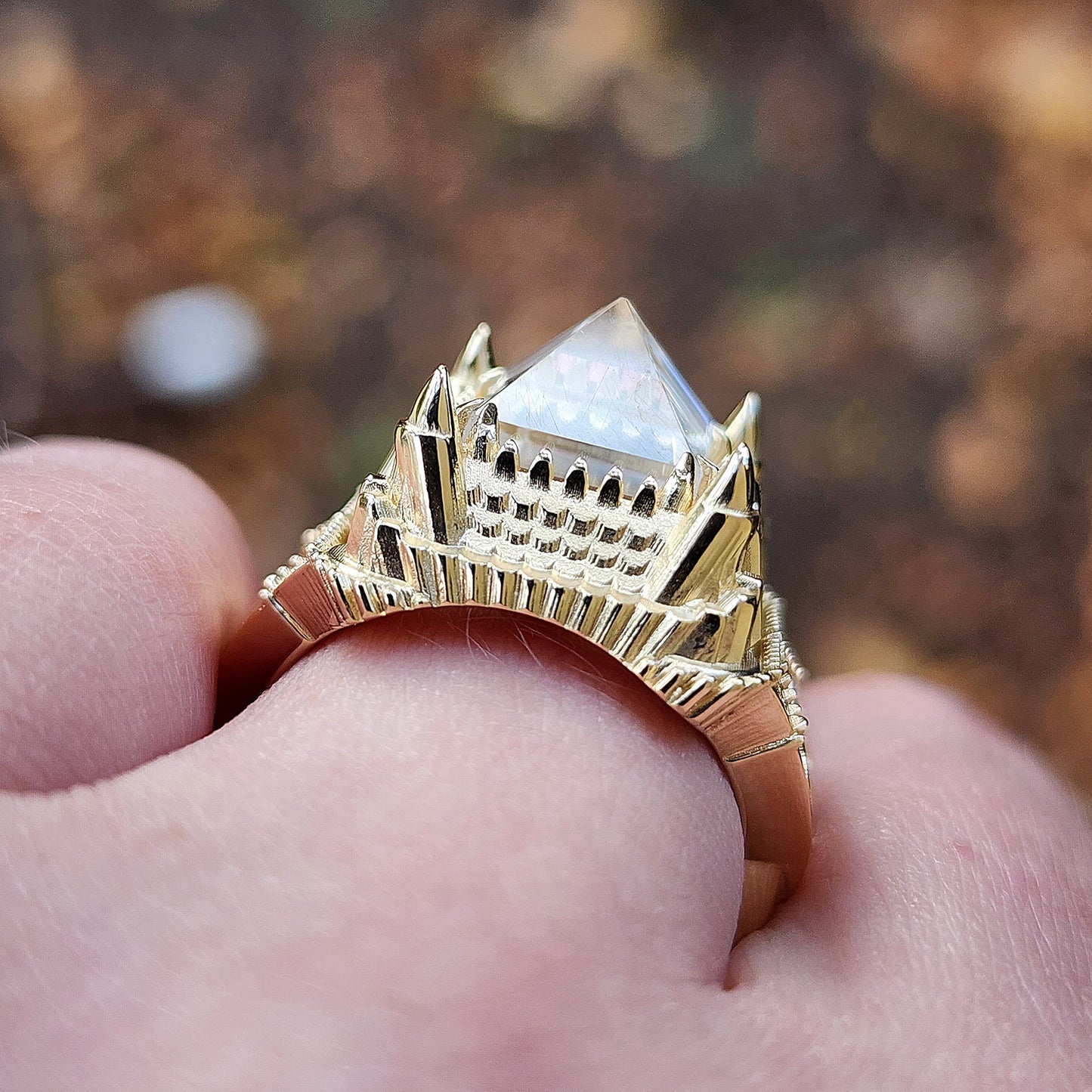 14k Gold Haunted Castle Tower Ring with Pyramid Quartz and Hidden Skul ...
