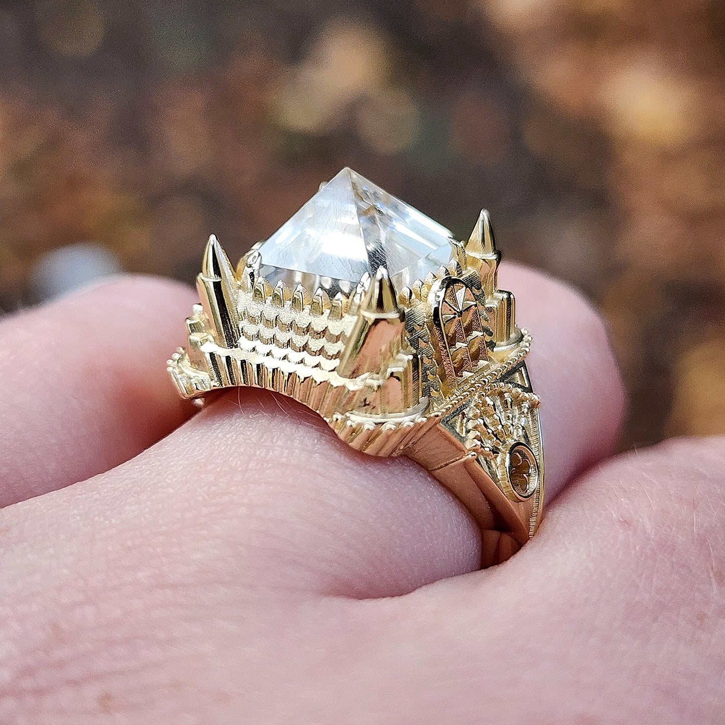 14k Gold Haunted Castle Tower Ring with Pyramid Quartz and Hidden Skul ...