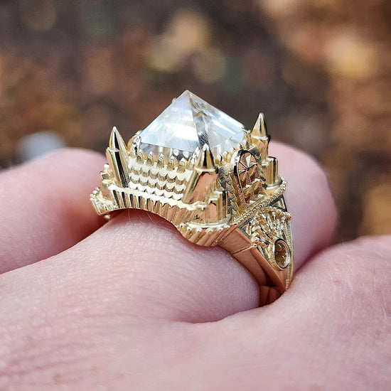 Load image into Gallery viewer, Ready to Ship Size 6-8 14k Gold Haunted Castle Tower Ring with Pyramid Quartz and Hidden Skull Gothic Cocktail Ring Spooky Halloween Jewelry

