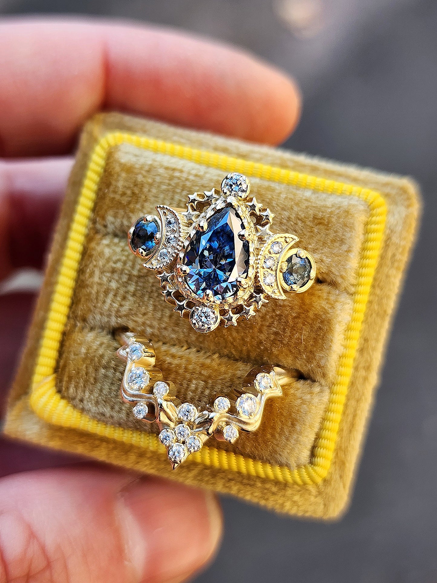 pear blue moissanite cosmos and nagini snake diamond wedding band unique gothic fairytale wedding ring set 14k gold