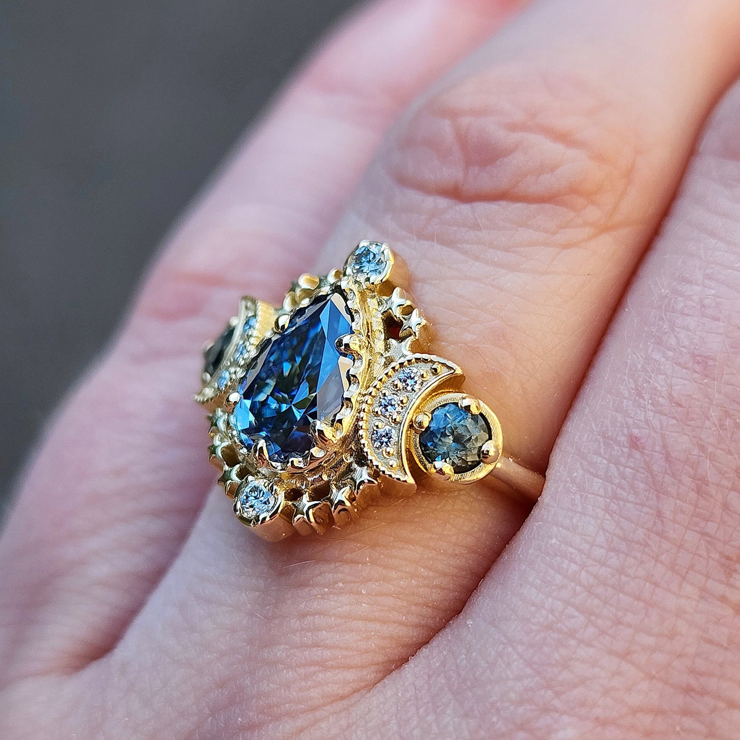 14k gold pear cut moissanite blue sapphire engagement ring triple moon goddess stardust handmade wedding bridal ring
