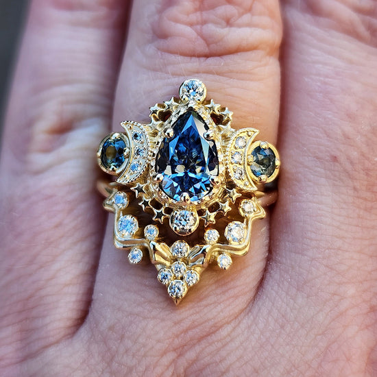 pear blue moissanite cosmos and nagini snake diamond wedding band unique gothic fairytale wedding ring set 14k gold