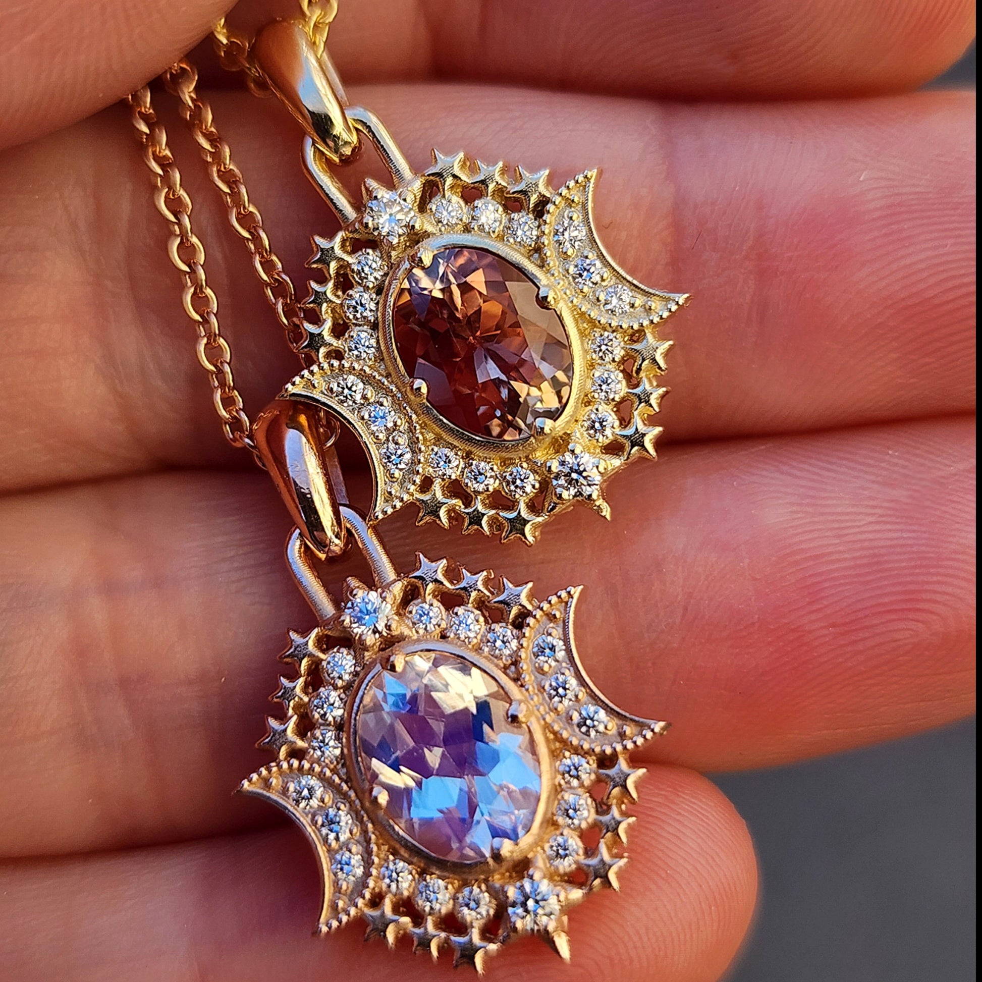 14k gold serena pendant oregon sunstone oval moonstone diamonds witchy fine jewelry necklace