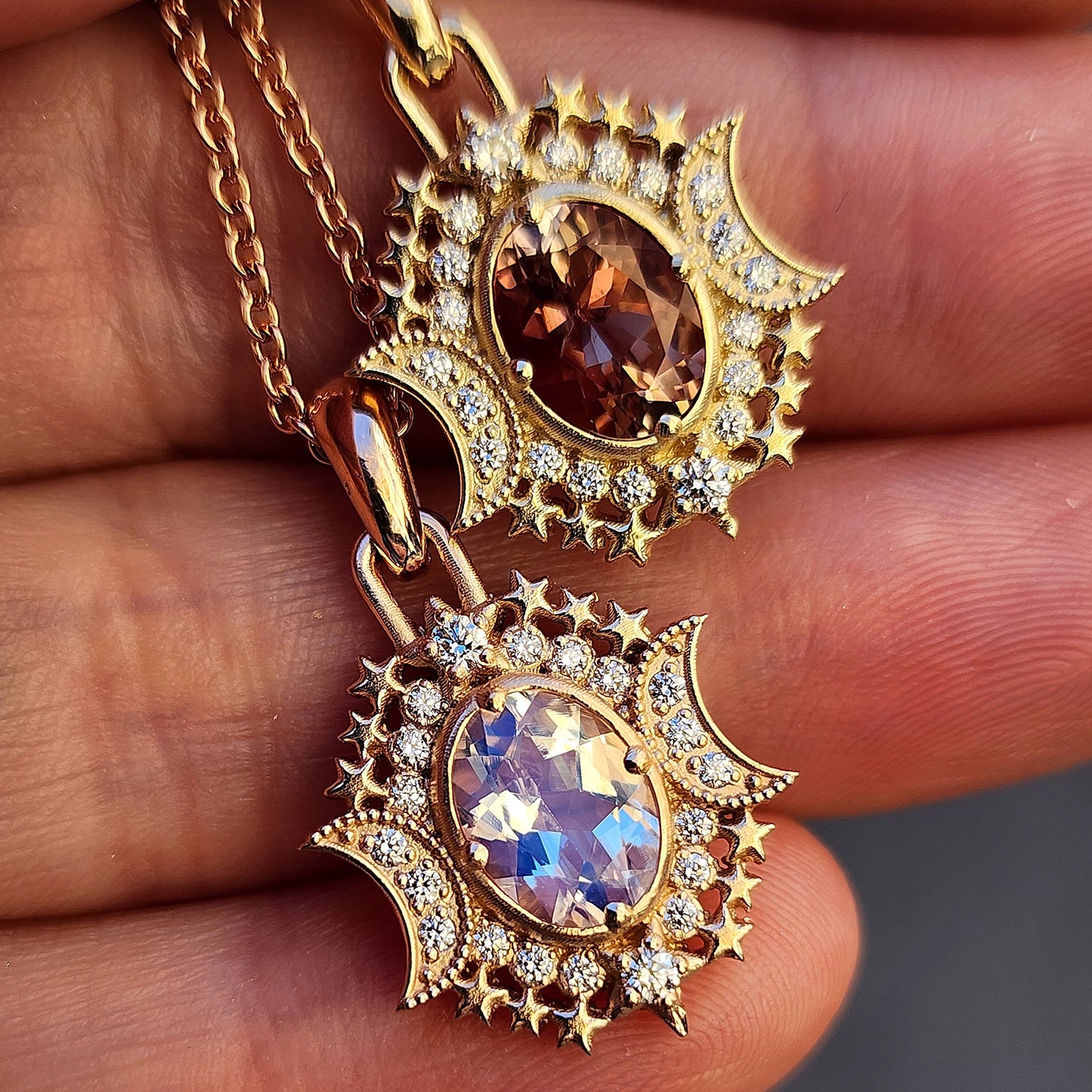 14k gold serena pendant oregon sunstone oval moonstone diamonds witchy fine jewelry necklace