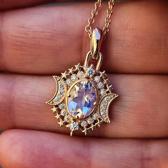 Oval Moonstone 14k Gold Serena Pendant with Diamonds Dreamy Celestial Crescent Moon Goddess Necklace Fantasy Handmade Jewelry