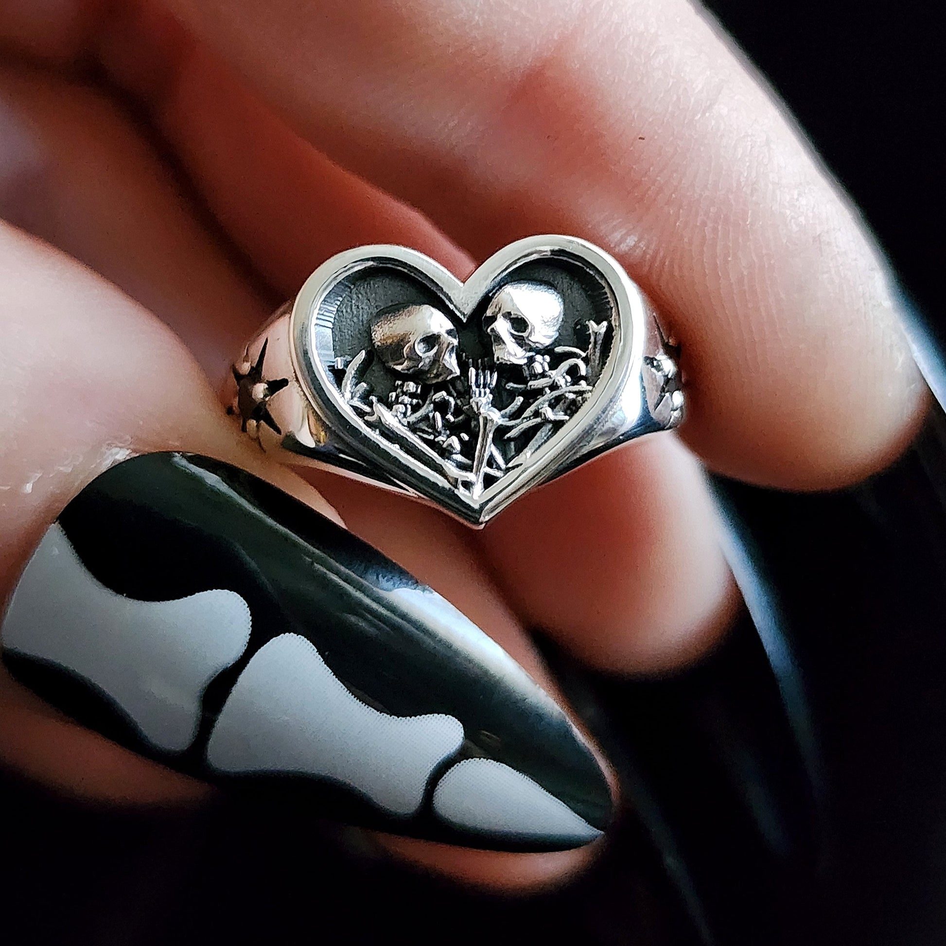the lovers skeleton heart signet engagement ring black diamonds sterling silver memento mori gothic jewelry