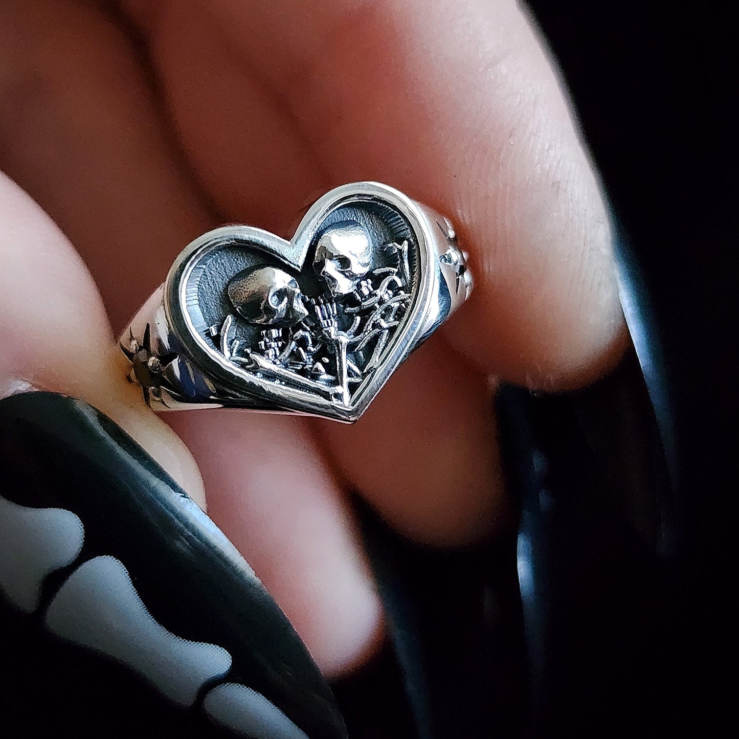 Load image into Gallery viewer, skeleton heart ring lovers of valdaro sterling silver signet jewelry engagement gothic victorian
