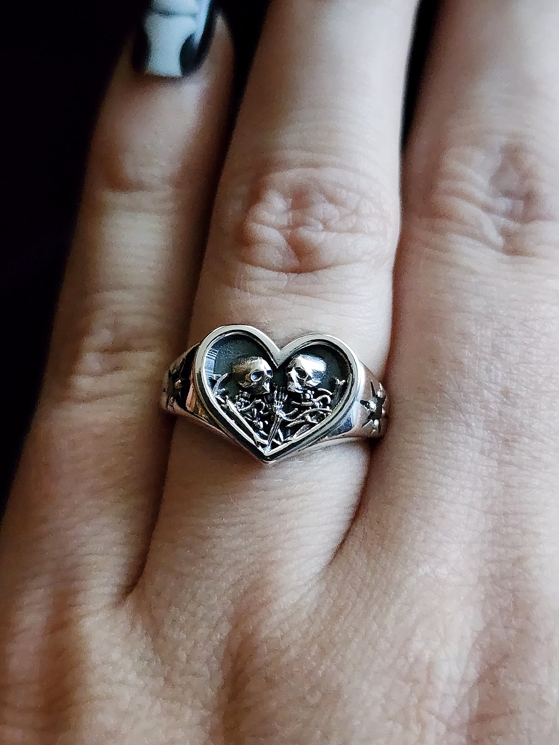 the lovers skeleton heart signet engagement ring black diamonds sterling silver memento mori gothic jewelry